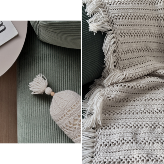 Soft White Lounge Set | El Örgüsü Battaniye & Silindir Yastık