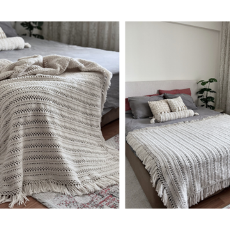 Soft White Lounge Set | El Örgüsü Battaniye & Silindir Yastık