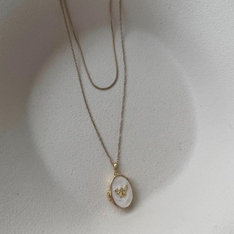 Çelik Gold Kapaklı Çift Zincir Beyaz Mineli Kolye