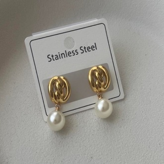 Çelik gold inci sallantılı küpe