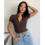 Bato Yaka Fermuarlı Kaşkorse Kahverengi Crop Bluz