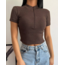 Bato Yaka Fermuarlı Kaşkorse Kahverengi Crop Bluz