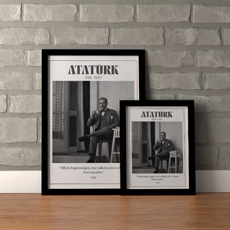 Atatürk Kahve İçerken Siyah Beyaz Tablo | "Milletin Azmi" Sözlü Nostaljik Poster