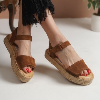 Taba Süet Hakiki Deri Günlük Sandalet Espadril Ayakkabı