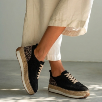Siyah Süet Leopar Detaylı Hakiki Deri Sneaker Espadril