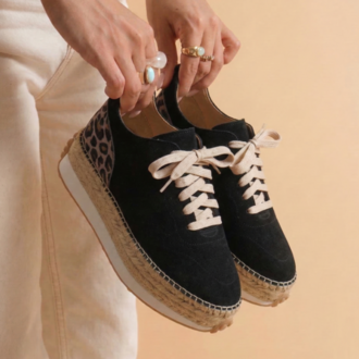 Siyah Süet Leopar Detaylı Hakiki Deri Sneaker Espadril