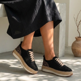 Siyah Süet Leopar Detaylı Hakiki Deri Sneaker Espadril