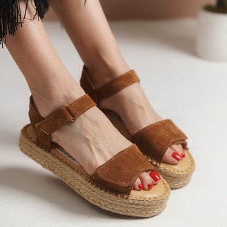 Taba Süet Hakiki Deri Günlük Sandalet Espadril Ayakkabı