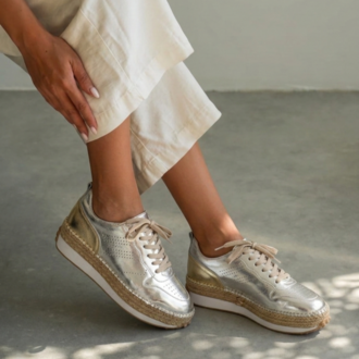Gümüş & Bej Deri Detaylı Hakiki Deri Sneaker Espadril
