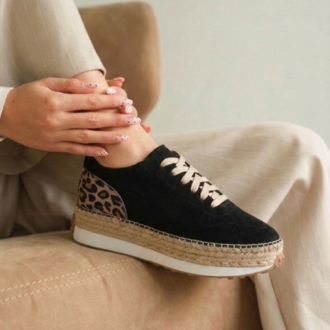 Siyah Süet Leopar Detaylı Hakiki Deri Sneaker Espadril