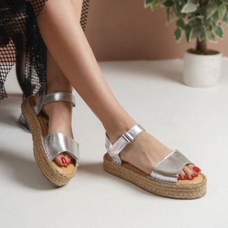 Gümüş Hakiki Deri Günlük Sandalet Espadril Ayakkabı