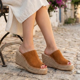 Taba Süet Hakiki Deri Dolgu Topuk Espadril Sandalet