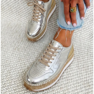Gümüş & Bej Deri Detaylı Hakiki Deri Sneaker Espadril