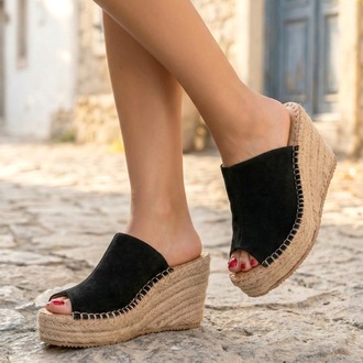 Siyah Süet Hakiki Deri Dolgu Topuk Espadril Sandalet