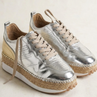 Gümüş & Bej Deri Detaylı Hakiki Deri Sneaker Espadril