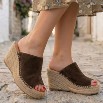 Kahve Süet Hakiki Deri Dolgu Topuk Espadril Sandalet