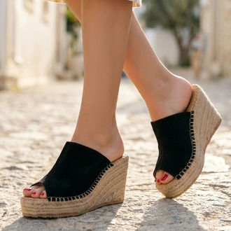 Siyah Süet Hakiki Deri Dolgu Topuk Espadril Sandalet