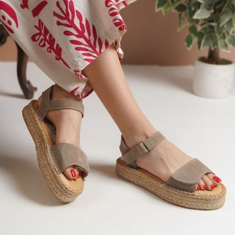 Bej Süet Hakiki Deri Günlük Sandalet Espadril Ayakkabı