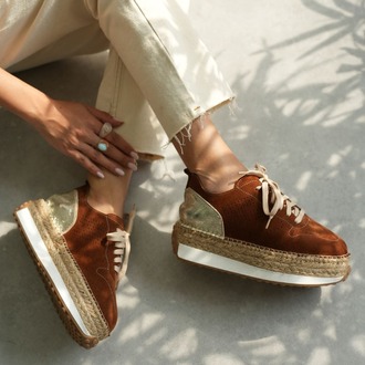 Taba Süet & Altın Detaylı Hakiki Deri Sneaker Espadril