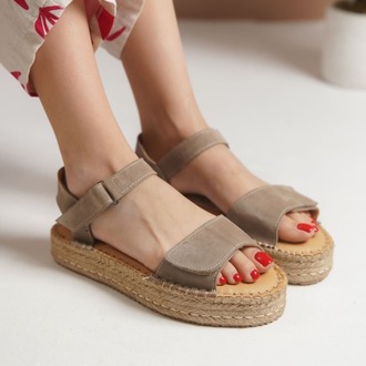 Bej Süet Hakiki Deri Günlük Sandalet Espadril Ayakkabı