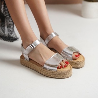 Gümüş Hakiki Deri Günlük Sandalet Espadril Ayakkabı