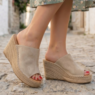Bej Süet Hakiki Deri Dolgu Topuk Espadril Sandalet
