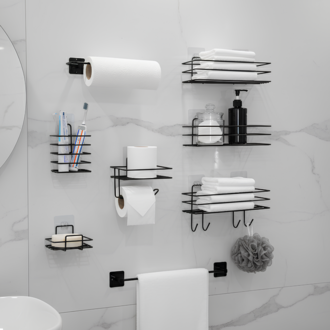 Yapışkanlı Siyah Metal Banyo ve Mutfak Organizer Raf Seti | Delmesiz Duvar Askılığı