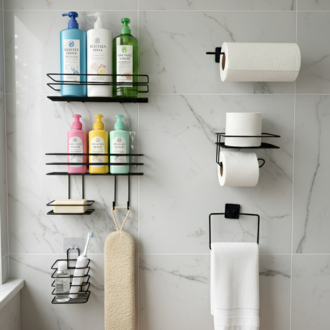 Yapışkanlı Siyah Metal Banyo ve Mutfak Organizer Raf Seti | Delmesiz Duvar Askılığı