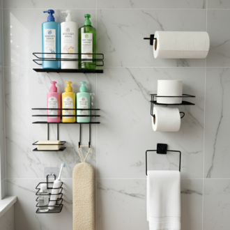 Yapışkanlı Siyah Metal Banyo ve Mutfak Organizer Raf Seti | Delmesiz Duvar Askılığı