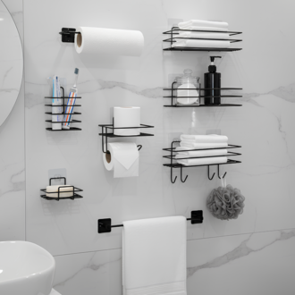 Yapışkanlı Siyah Metal Banyo ve Mutfak Organizer Raf Seti | Delmesiz Duvar Askılığı