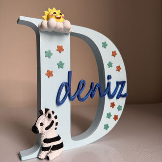 Kişiye Özel İsimli 3D Harf - Bebek Odası Kapı Süsü ve Raf Dekoru (Zebra & Güneş Temalı)
