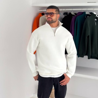 Half Zip Oversize Polo Yaka Beyaz Sweatshirt
