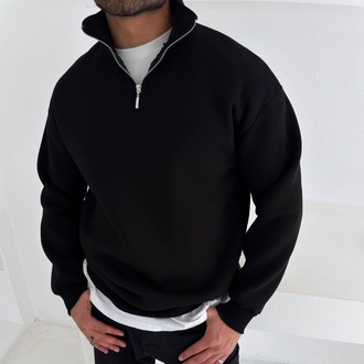 Half Zip Oversize Polo Yaka Siyah Sweatshirt