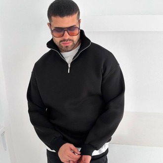 Half Zip Oversize Polo Yaka Siyah Sweatshirt