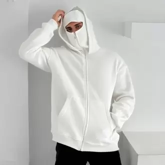 Oversize Fermuarlı Beyaz Ninja Unisex Hırka