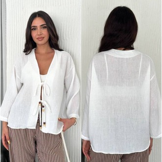 Beyaz Bağlamalı Kimono Ceket