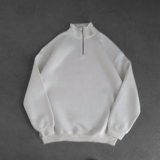 Half Zip Oversize Polo Yaka Beyaz Sweatshirt