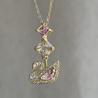 çelik swarovski kuğu model gold kolye
