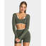 Teveo Zeytin Yeşili Uzun Kollu Crop Top - Beyaz Biyeli Seamless Tasarım
