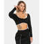 Teveo Siyah Kontrast Şeritli Uzun Kollu Crop Top - Sportif Şıklık