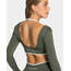 Teveo Zeytin Yeşili Uzun Kollu Crop Top - Beyaz Biyeli Seamless Tasarım