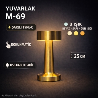 Şarjlı Dokunmatik Gold Masa Lambası M-69 – Type-C Şarjlı Yuvarlak Model