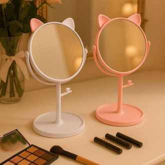 Pembe – Beyaz Kedi Kulaklı Make-Up Aynası | Masaüstü | Şık ve Kullanışlı