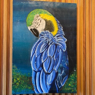 “Mavi Asalet” – 35x50 El Yapımı Akrilik Papağan Tablosu