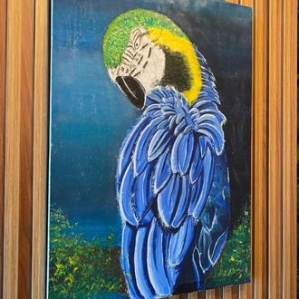 “Mavi Asalet” – 35x50 El Yapımı Akrilik Papağan Tablosu