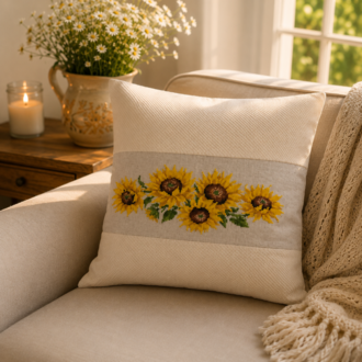 Sunflower Heritage - 40×40 cm El İşlemeli Kanaviçe Yastık Kılıfı