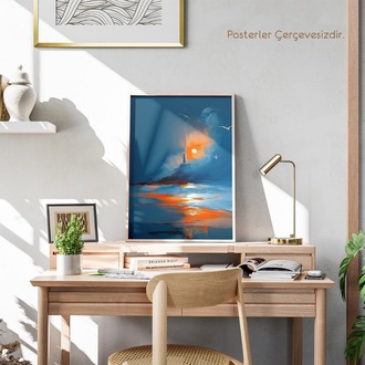Yağlı Boya Görünümlü Günbatımı ve Fener Posteri