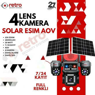 Retro 4G Solar eSim + AOV + Sim Kart 4 Kameralı Kamera RT-2413-4GS