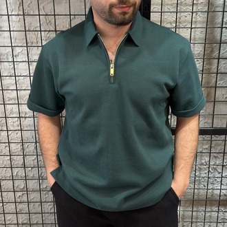 Fermuarlı Polo Yaka Yeşil T-Shirt %100 Pike