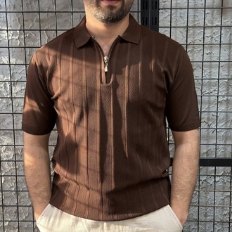 Slim Fit Çizgili Triko Kahverengi T-Shirt